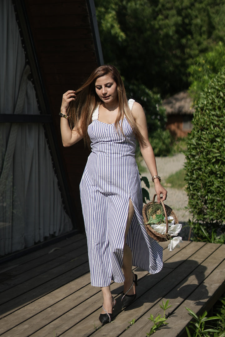 Striped Cotton Maxi Dress with Side Slit Lugrantha Striped Cotton Maxi Dress with Side Slit Lugrantha