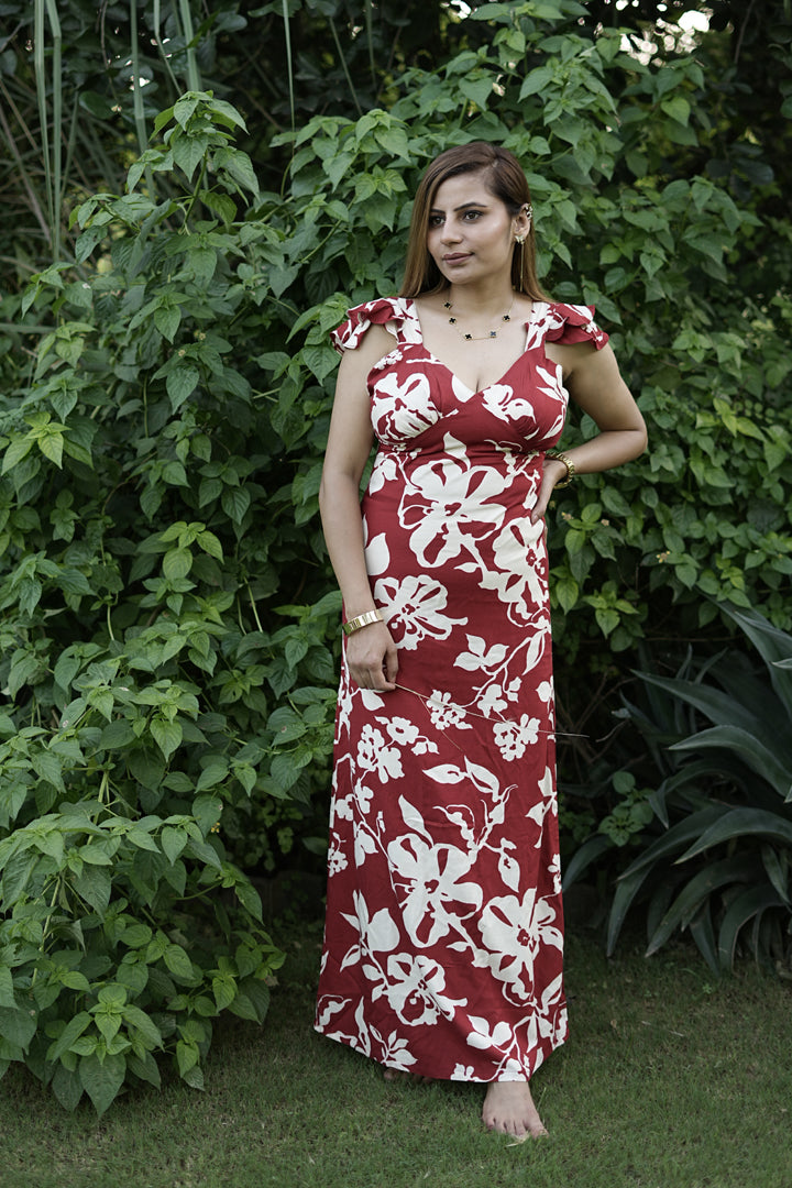 Floral Ruffle Sleeve Maxi Dress Rust Red Lugrantha Floral Ruffle Sleeve Maxi Dress Rust Red Lugrantha