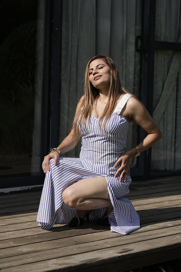 Striped Cotton Maxi Dress with Side Slit
