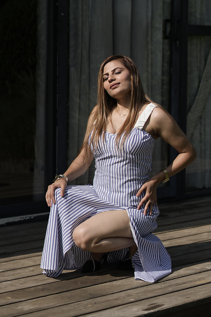 Striped Cotton Maxi Dress with Side Slit