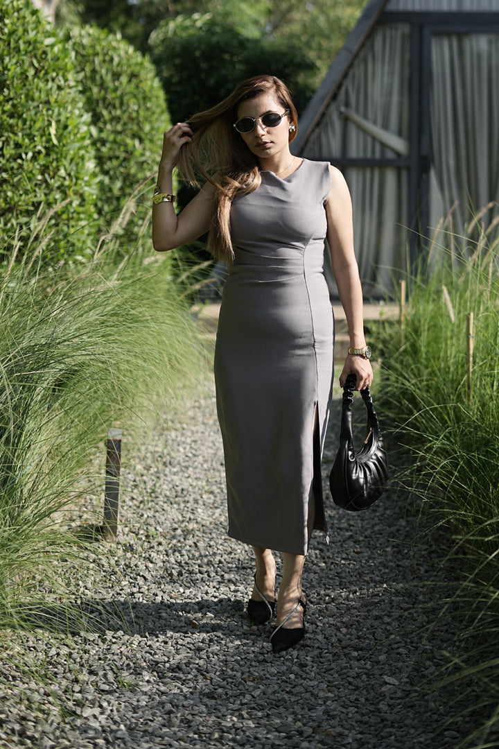 RUCHED BABE Bodycon Dress – Dusty Mauve Grey