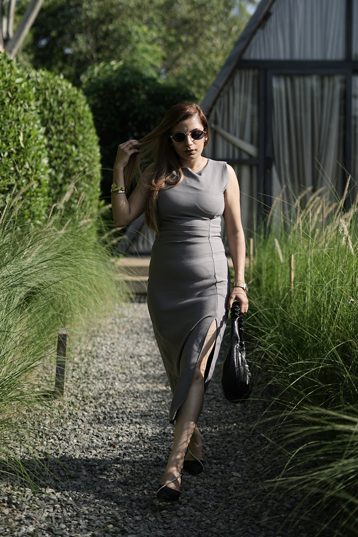 RUCHED BABE Bodycon Dress – Dusty Mauve Grey