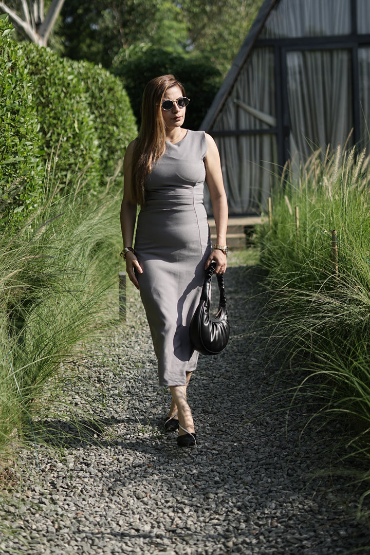 RUCHED BABE Bodycon Dress – Dusty Mauve Grey