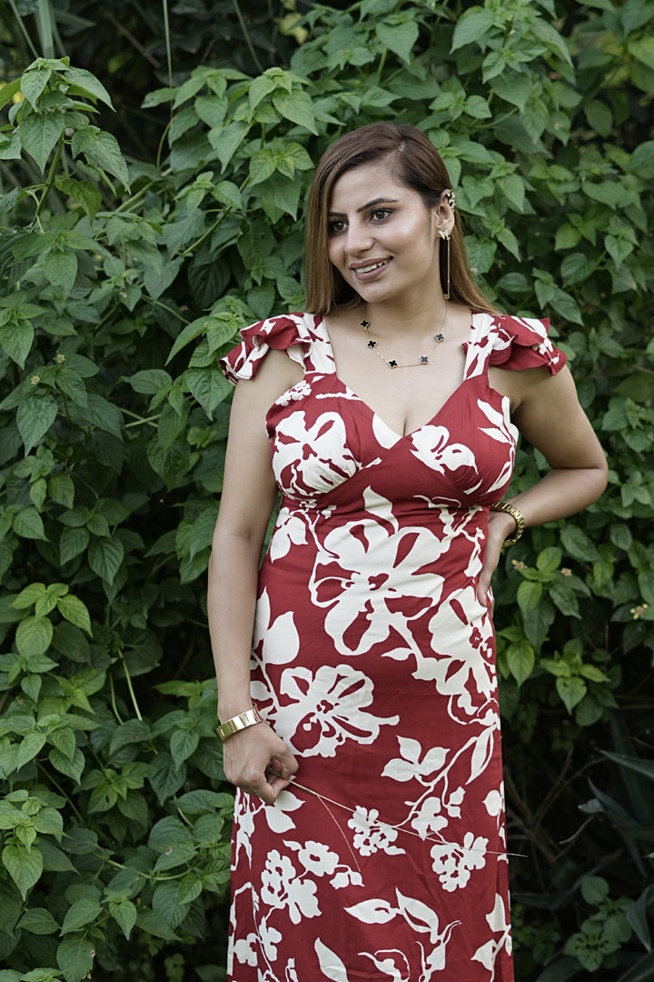 Floral Ruffle Sleeve Maxi Dress – Rust Red