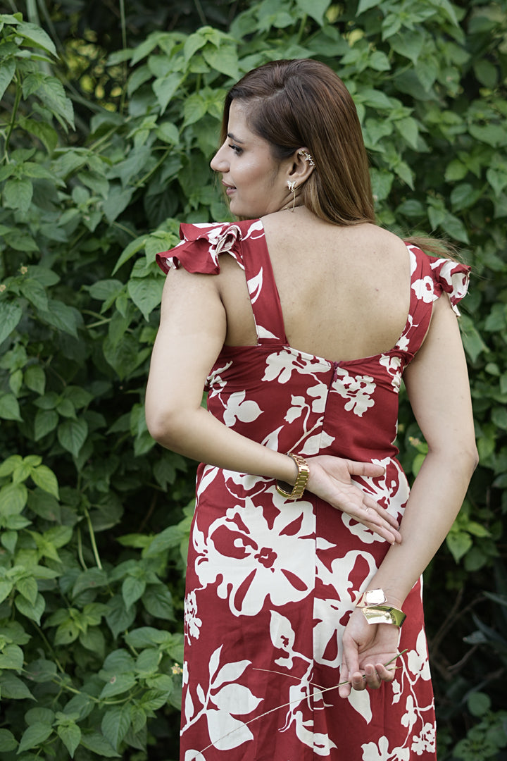 Floral Ruffle Sleeve Maxi Dress – Rust Red
