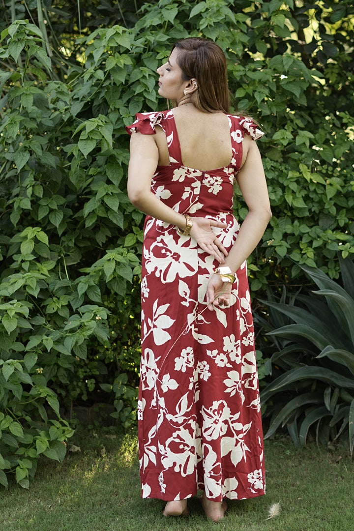 Floral Ruffle Sleeve Maxi Dress – Rust Red