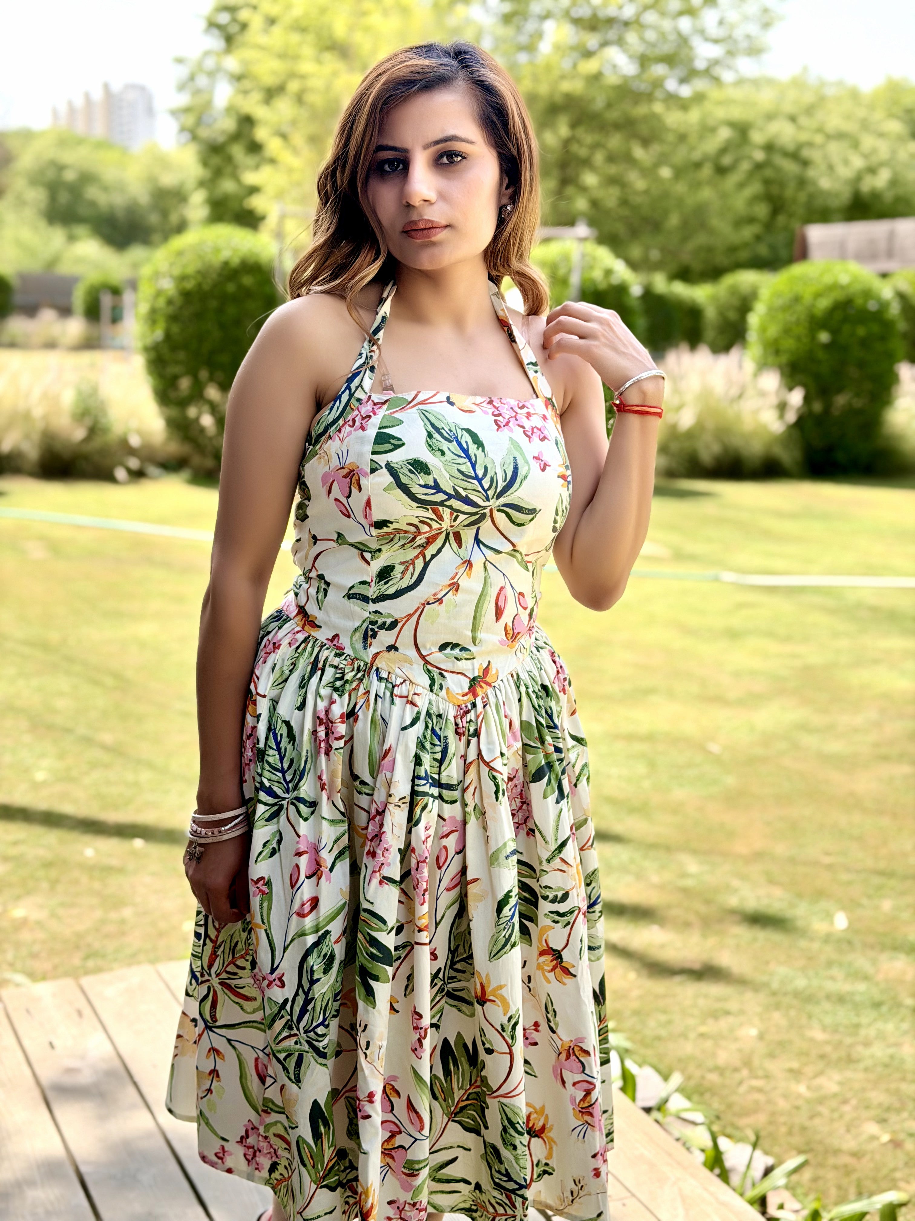 White Floral Fit & Flare Dress Halter Neck