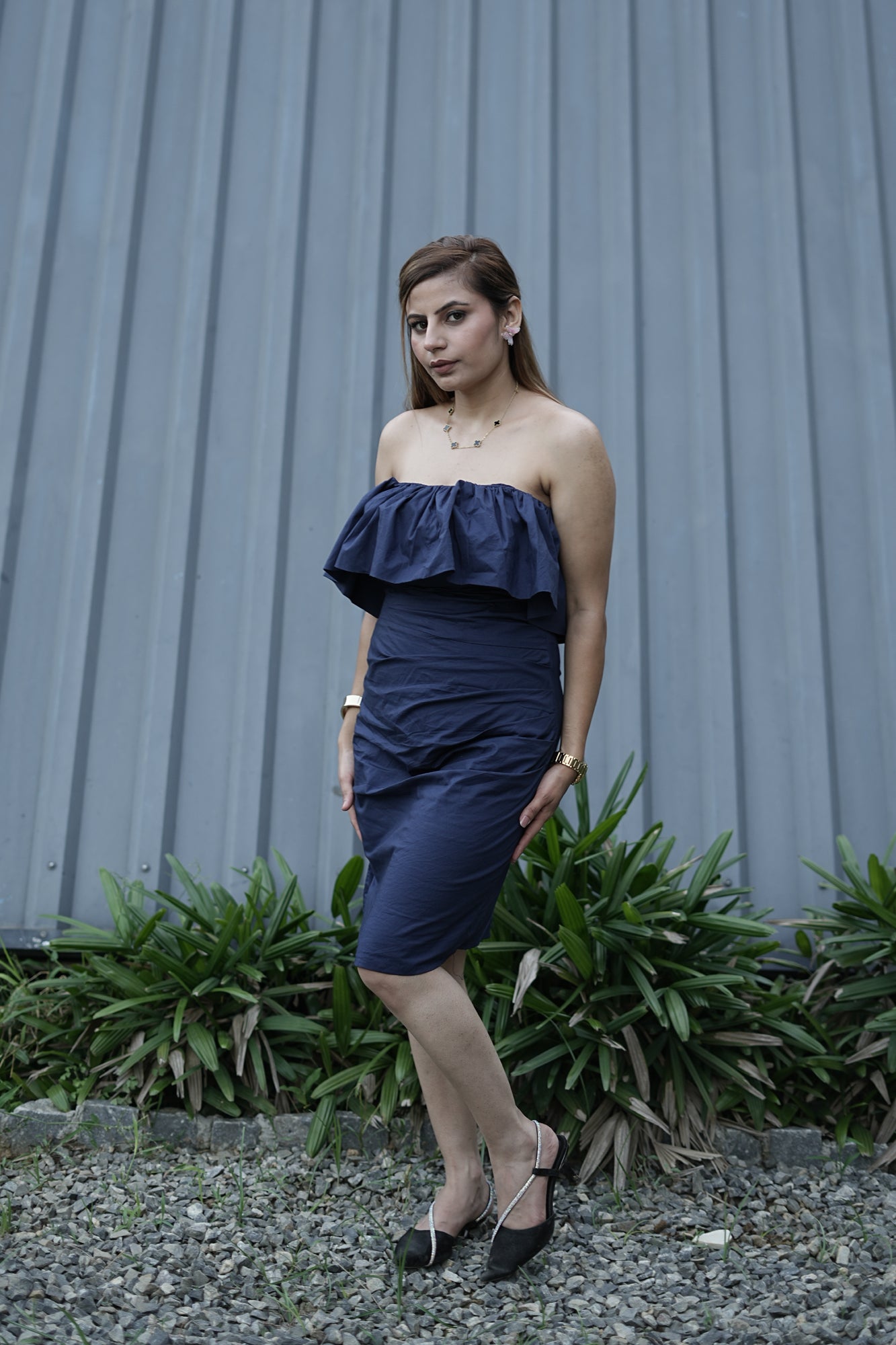 navy blue tube dress Tannesa Bandeau Mini Dress in Satin Midnight Navy Blue