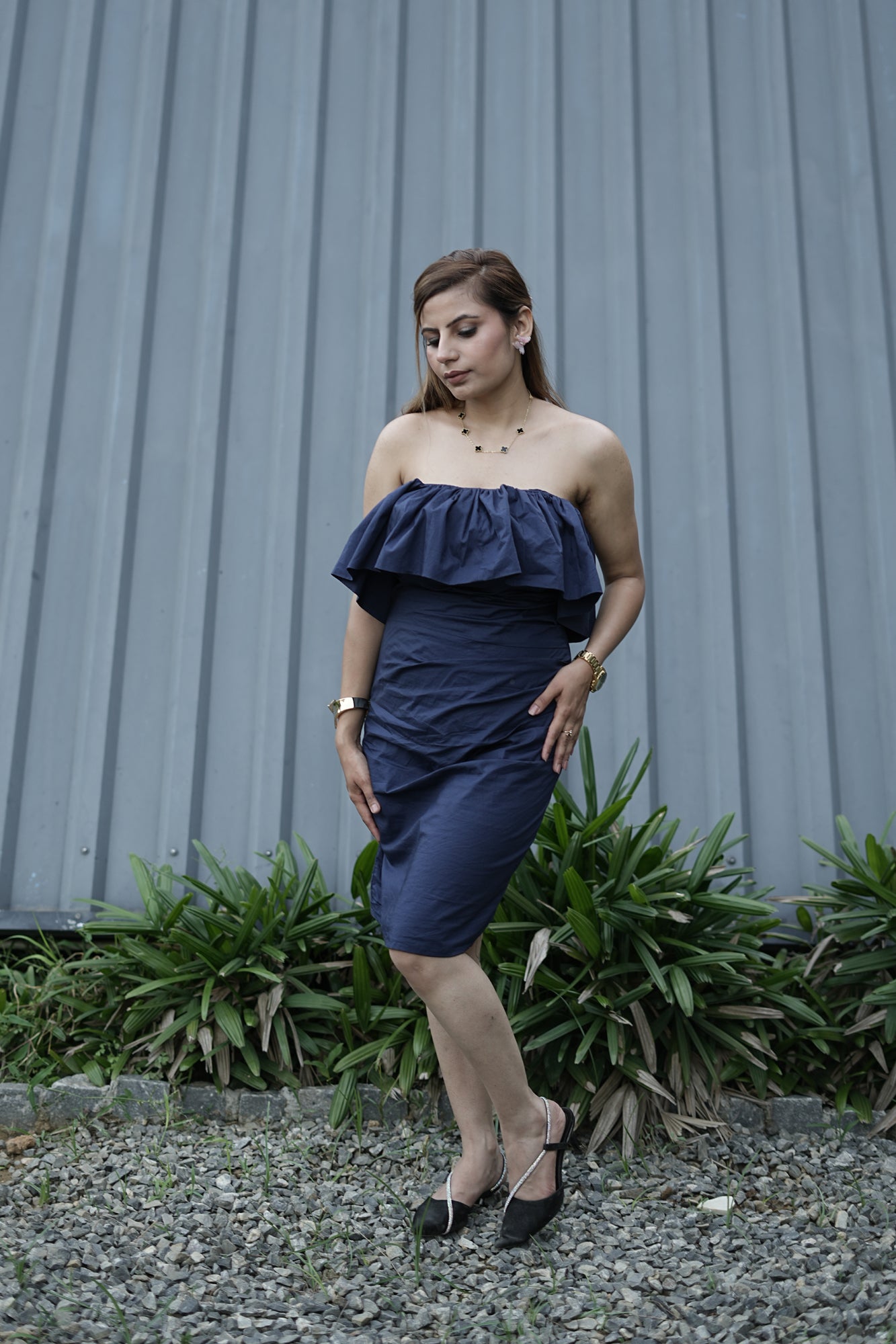 Ruffle Tube Bodycon Dress – Navy Blue