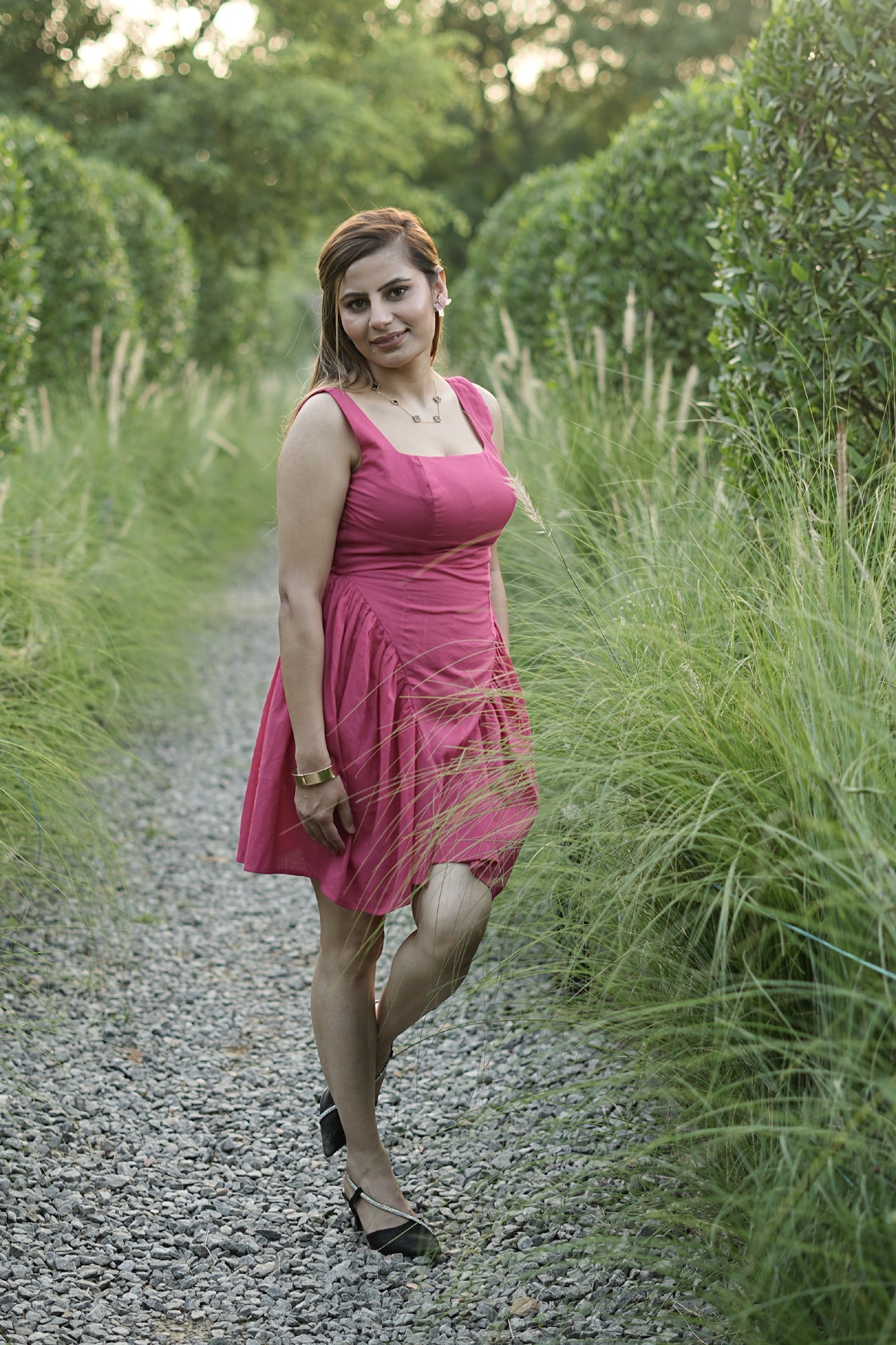 Sleeveless Fit & Flare Gathered Dress – Deep Rose Pink